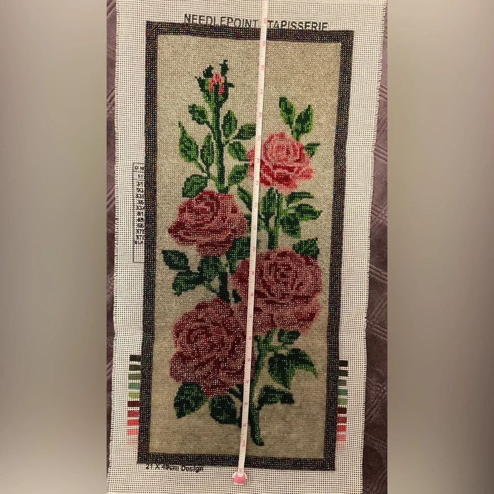 🌸 Fully Beaded Floral Needlepoint Tapestry Canvas